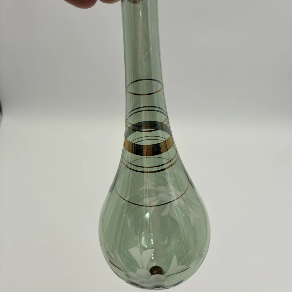 Vintage Egyptian Hand Blown Glass Ornament Green Etched Floral Gold Trim 9.75